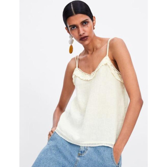 Zara Tops - ZARA 100% Linen Cami Ruffle Lace Sleeveless Strappy V neck Tank Top, White